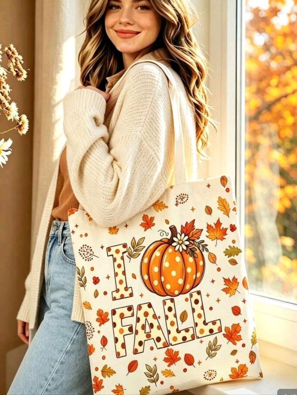 Canvas Fall Print Tote Bag - Cream/Orange